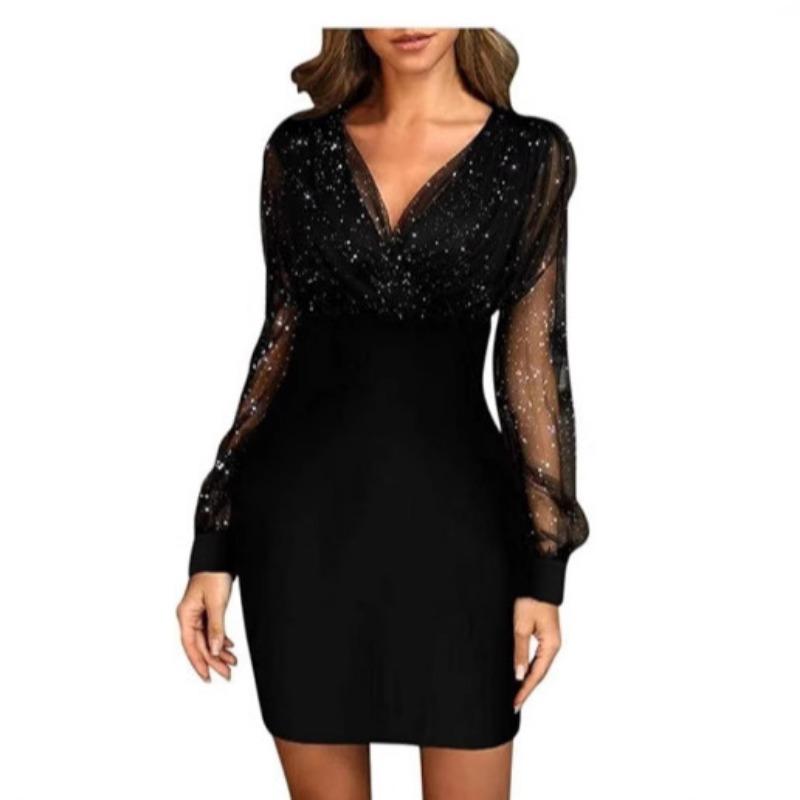 Jarní dámské šaty ze síťoviny s dutým V-výstřihem a dlouhým rukávem