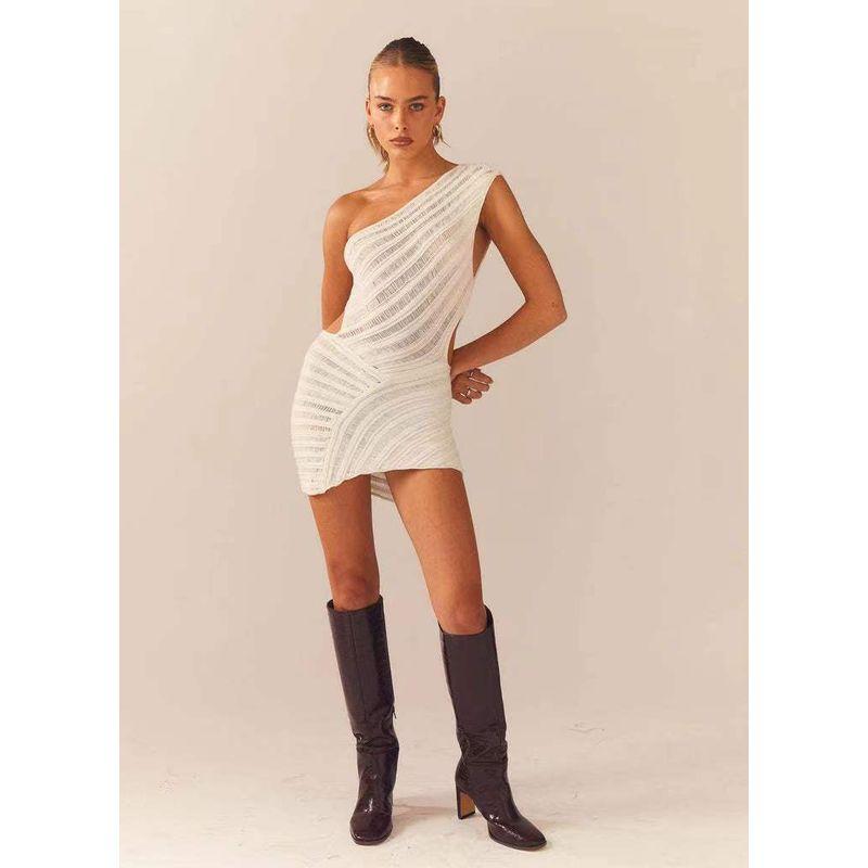 

European and American New Sexy Sloping Shoulder Hollow out Slim fit Sheath Knitted dress Sexy Hollow out Dress White M
