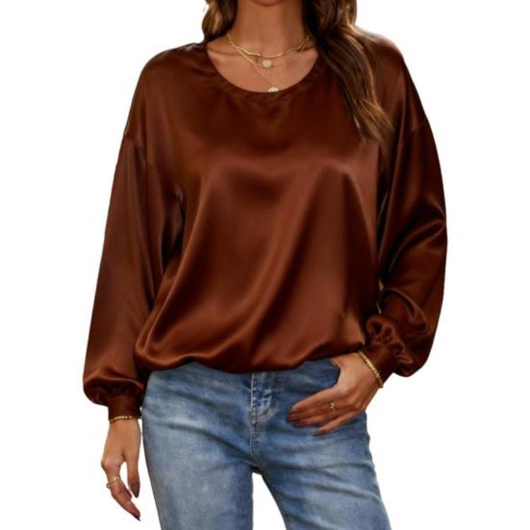 Women Casual Blouse Solid Color Round Neck Long Sleeve Loose Fit Tops for Work Party Date Wear