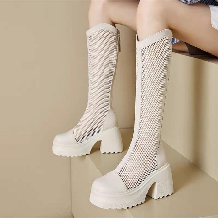 

Сапоги Женские 2025 Лето Тонкая Сетка Полые Дышащие Сапоги Одиночные Сапоги Маленький Толстый Высокий Каблук Крутые Сапоги 40