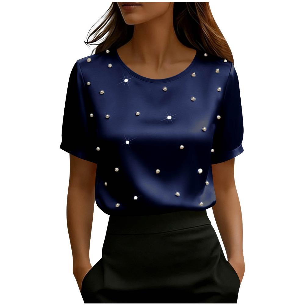 Women's O Neck Short Sleeve Satin Top Loose Fit Elegant Blouse Pearl Beaded Casual Shirt