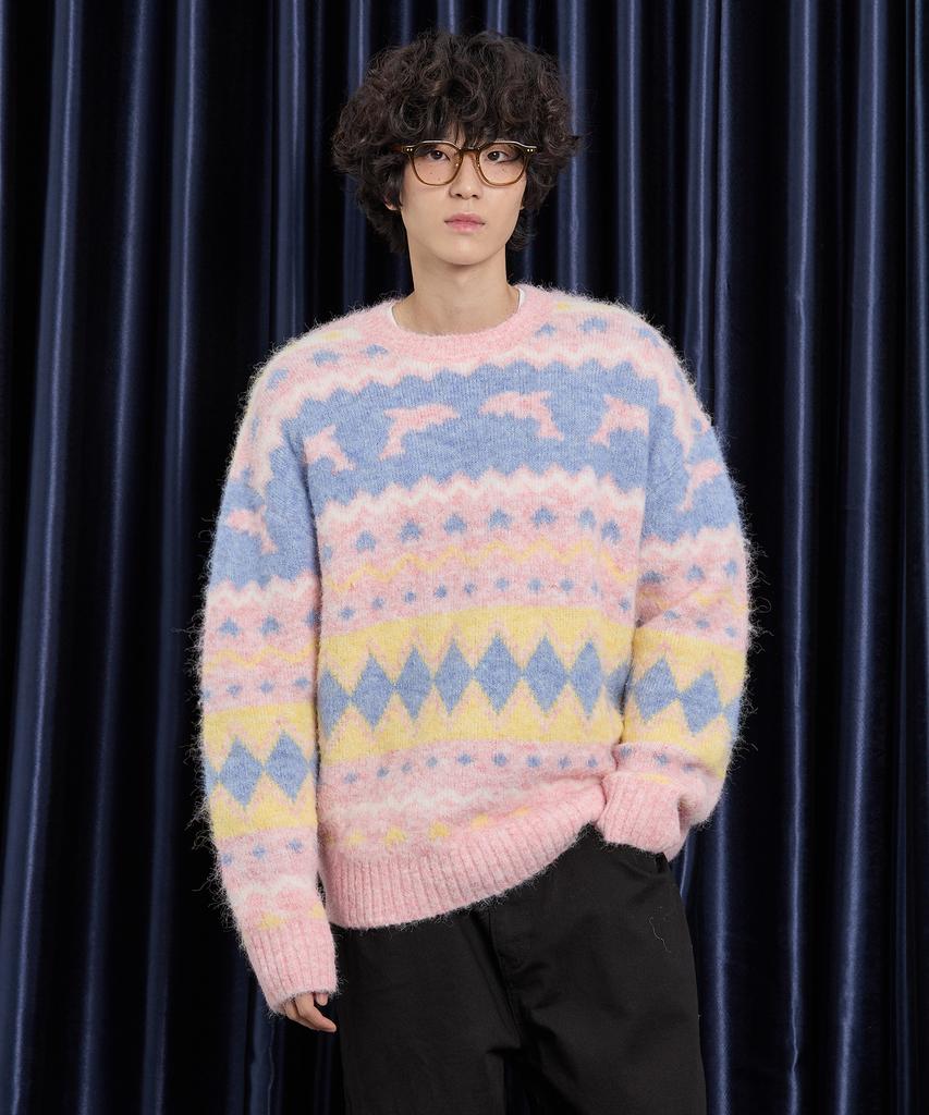 WAIKEI Dolphin Hairy Graphic Knit Pink
