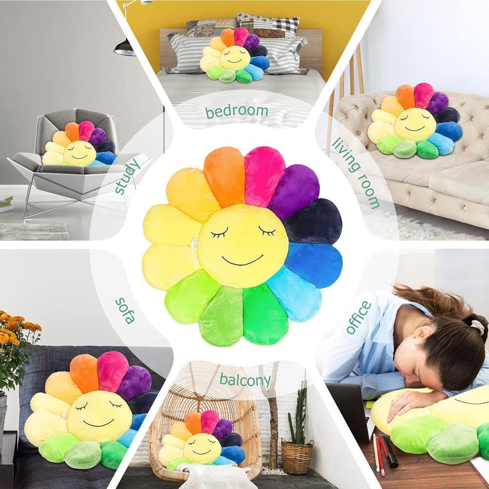 Cute Colorful Smiley Sun Flower Round Cartoon Pillow