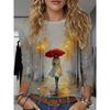 Women'S Retro Artistic Style Oil Painting Texture Rainy Red Umbrella Street Scene Full Print Puff Sleeve Top