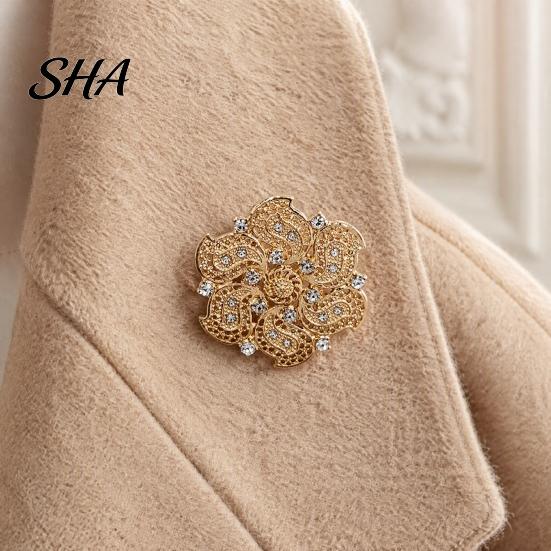 Shirts Jewelry Retro Rhinstone Flower Brooch for Women, Golden Plated Alloy Floral Women Outfit Accessories Lapel Pin, Clothing Wedding Party