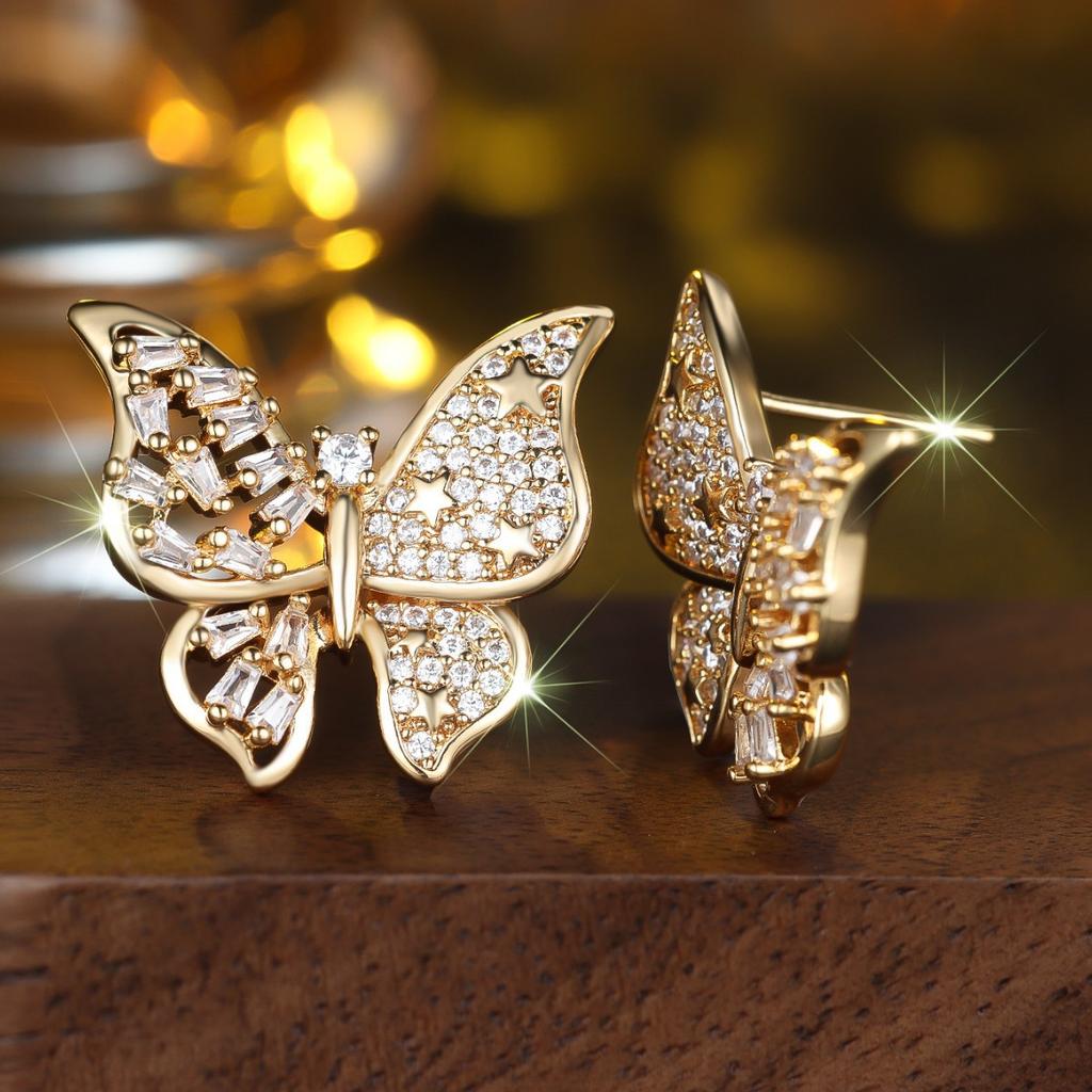 Three-dimensional zircon full diamond butterfly earrings, Korean gentle wind versatile temperament earrings