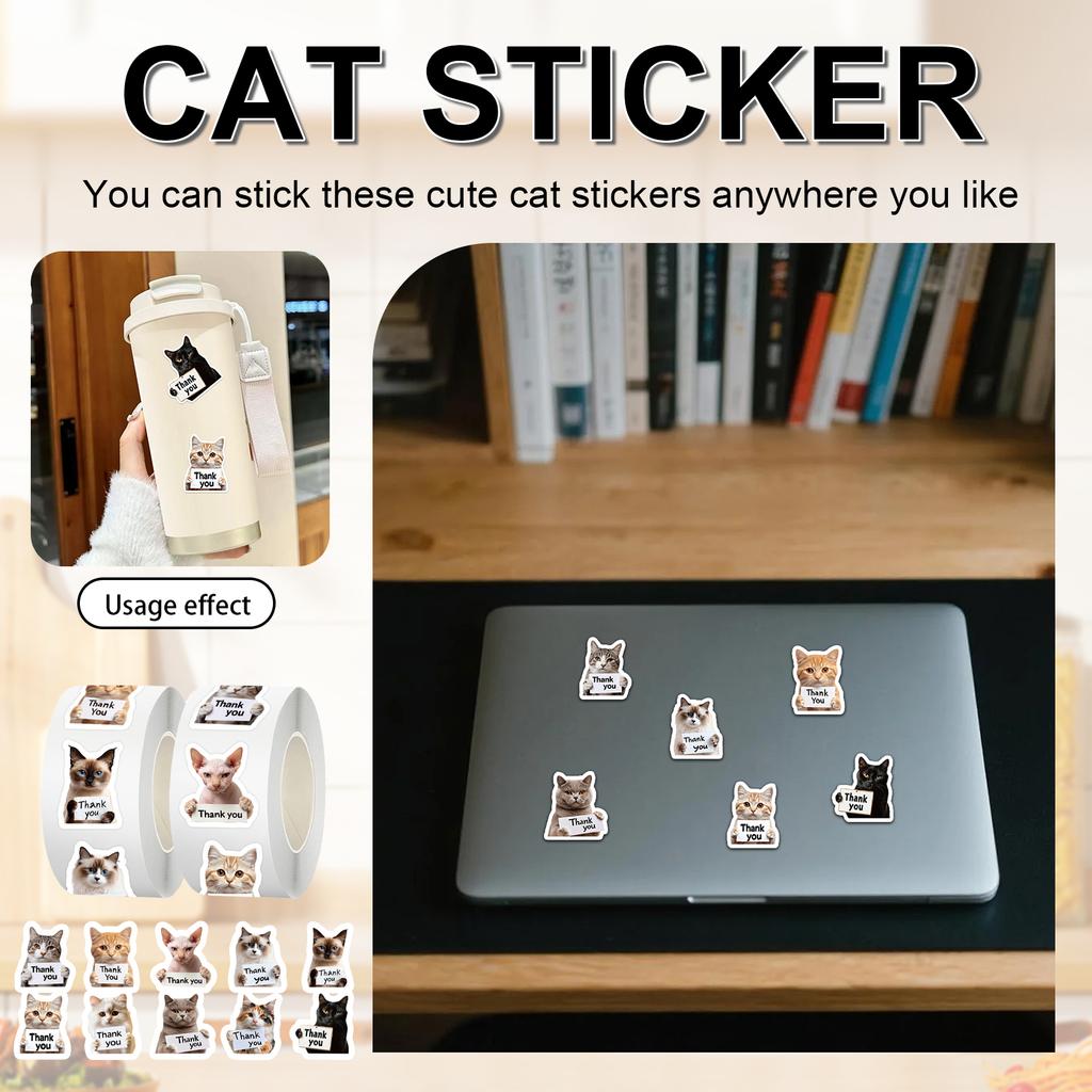 500 Cat Thank You Stickers Roll Cute Self-Adhesive Labels For Small Business Packaging Envelope Seals Packaging