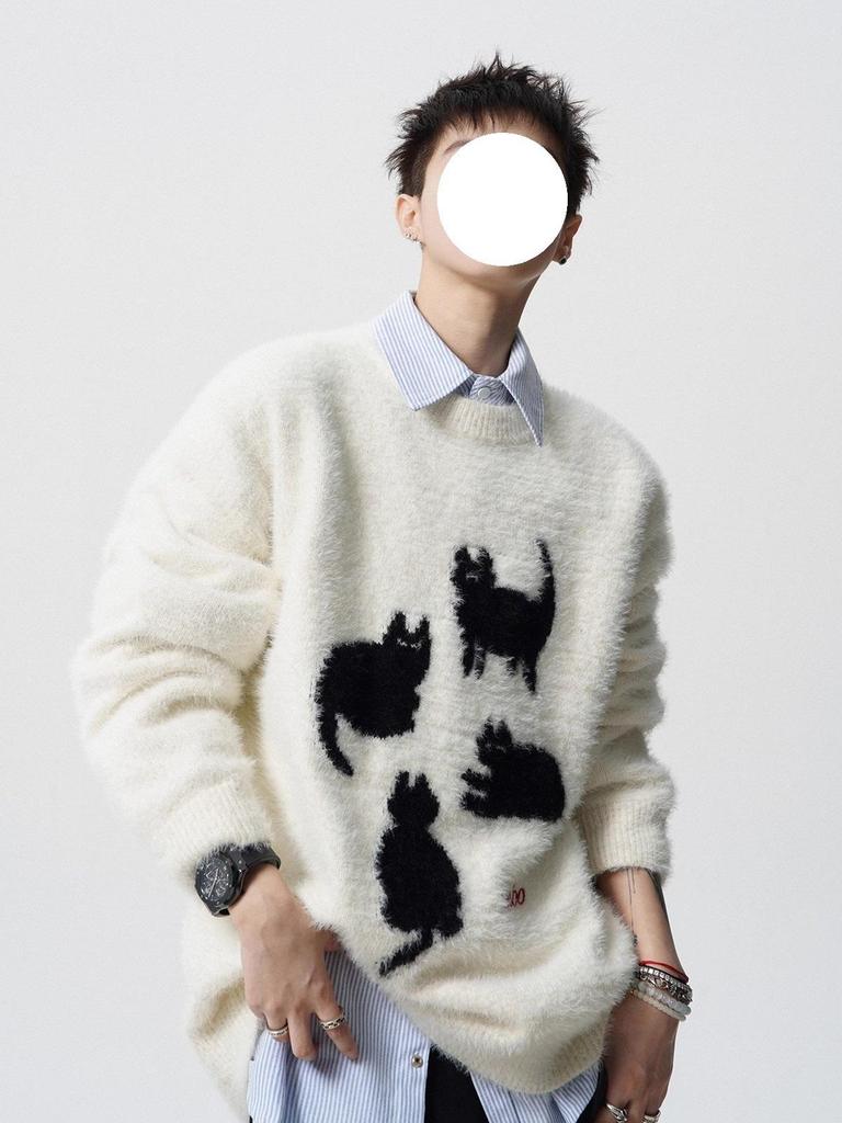 Trendy Cartoon Cat Knit Sweater: Men's Autumn/Winter Round Neck Couple's Loose Casual Style