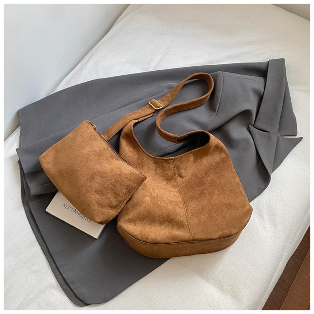 Versatile Retro Women Shoulder Bag Solid Color Pu Leather Underarm Bag with A Small Bag High Capacity Tote Bag