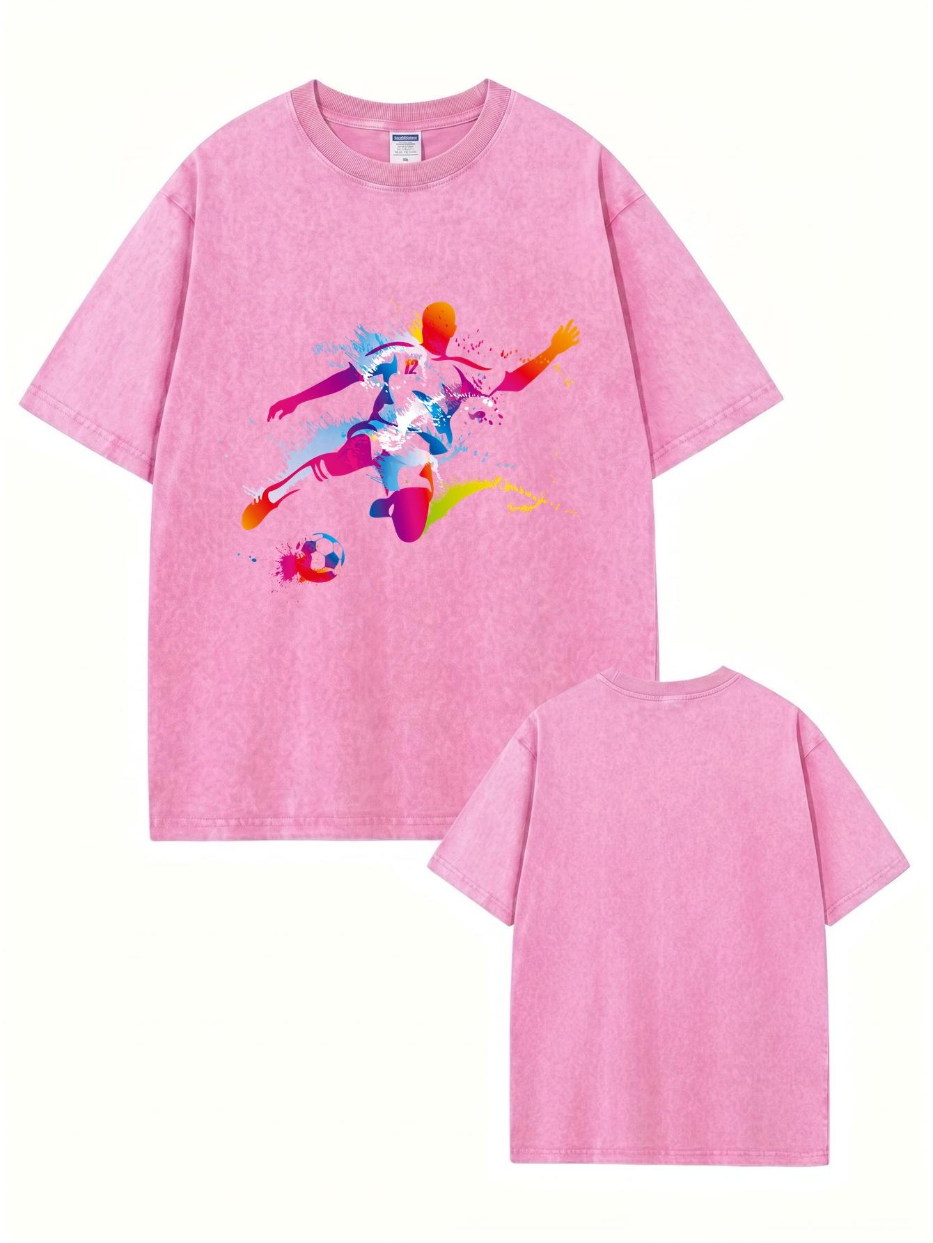 

Vintage Washed Cotton TShirt Mens Summer Short Sleeve Streetwear Loose Graphic Tee Colorful Soccer Player Print Casual Top S