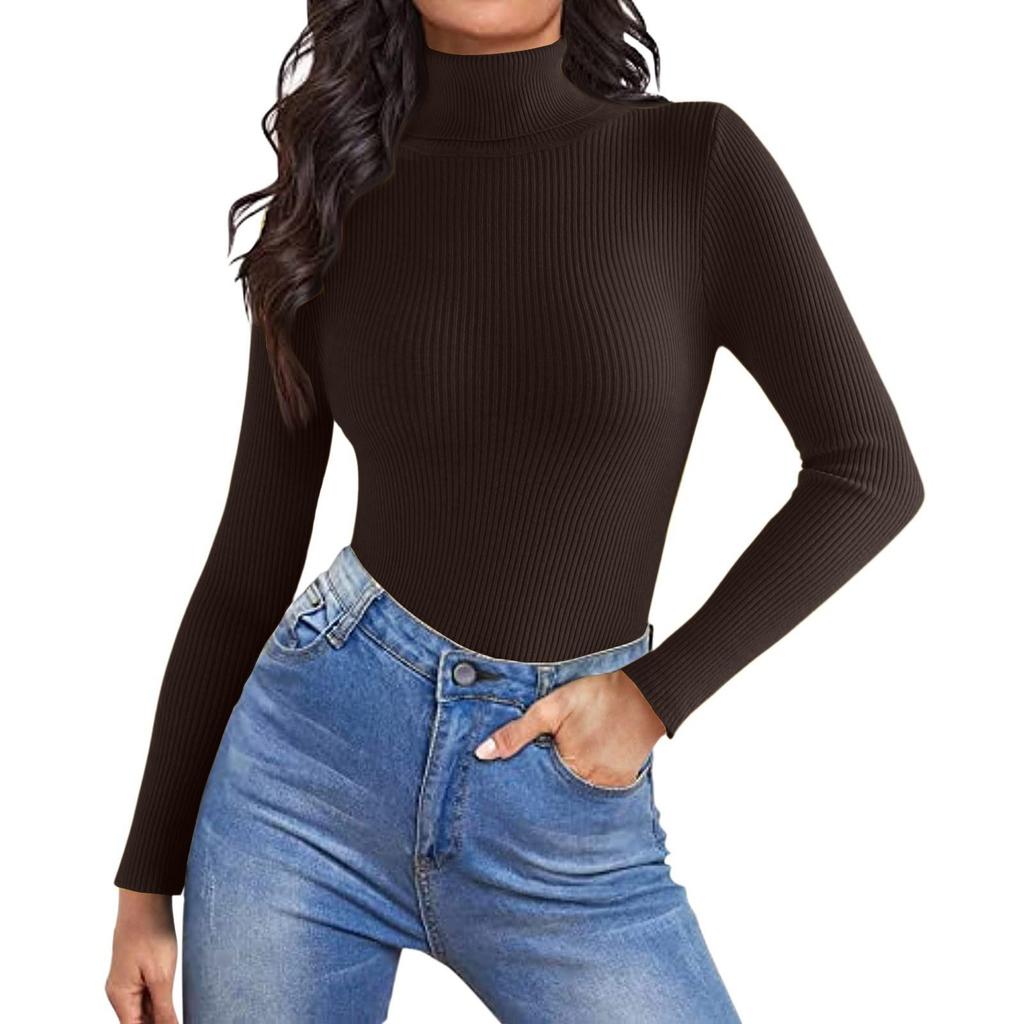 Women's Fashion High Neck Slim T-Shirt Long Sleeve Pullover Solid Colour Top
