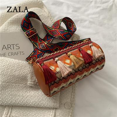 Novas bolsas femininas de borla de primavera, estilo étnico da moda, cores contrastantes, bordados, linhas, bolsas femininas cilíndricas, bolsas de mensageiro, bolsas de ombro