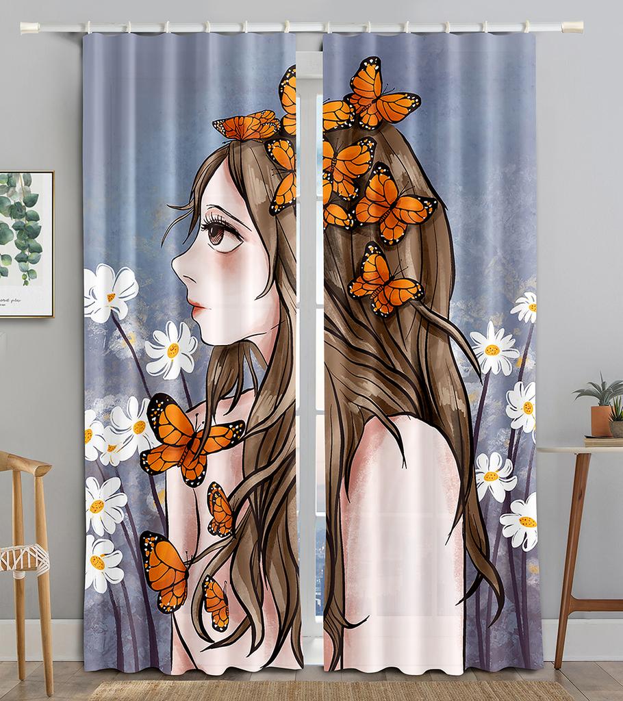 Flower Maiden Butterfly Shiny Girl Blackout Window Curtain for Living Room Bedroom Bathroom Kicthen Door Cupboard Decor Hooks