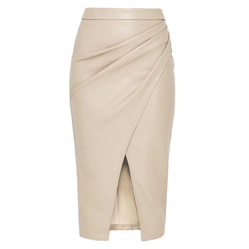 

Fashion Style Pu Split Skirt Zipper Heap Pleated Bodycon Dress High Waisted Pu Split Skirt Beige L