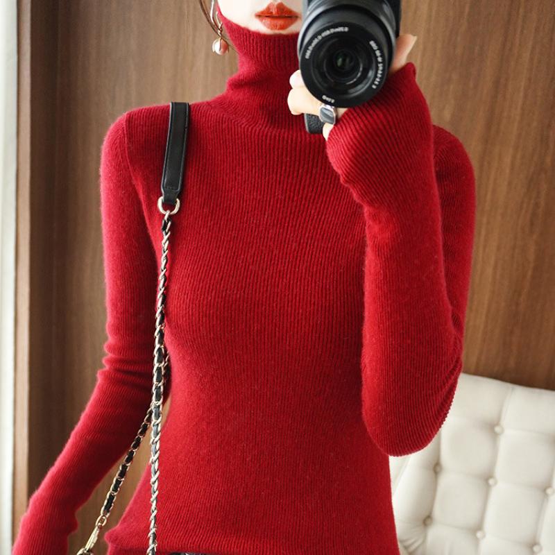 INDFS Women's Fashion Casual Fall Winter Solid Color Print Long Sleeve High Neck Sweaters