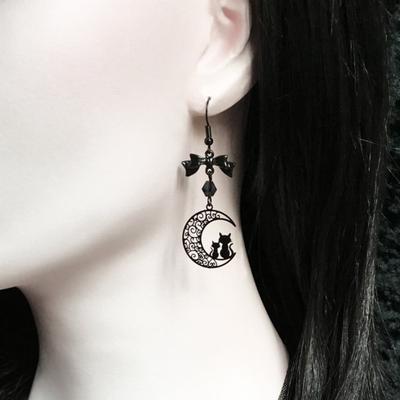 Charm Gothic Black Bowknot Hollowed-out Crescent Moon Kitten Dangle Earrings for Women Halloween Party Witch Jewelry Accessories