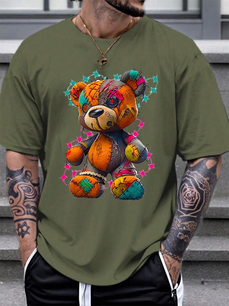 Men's Summer 100 Cotton Fashionable Casual Sports Loose Large Cartoon Teddy Bear Pattern Printed Round Neck Short Sleeve T-shirt