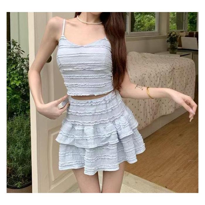 Women s Sweet Ruffled Camisole & Skirt Set - Summer Korean Vacation Style Medium