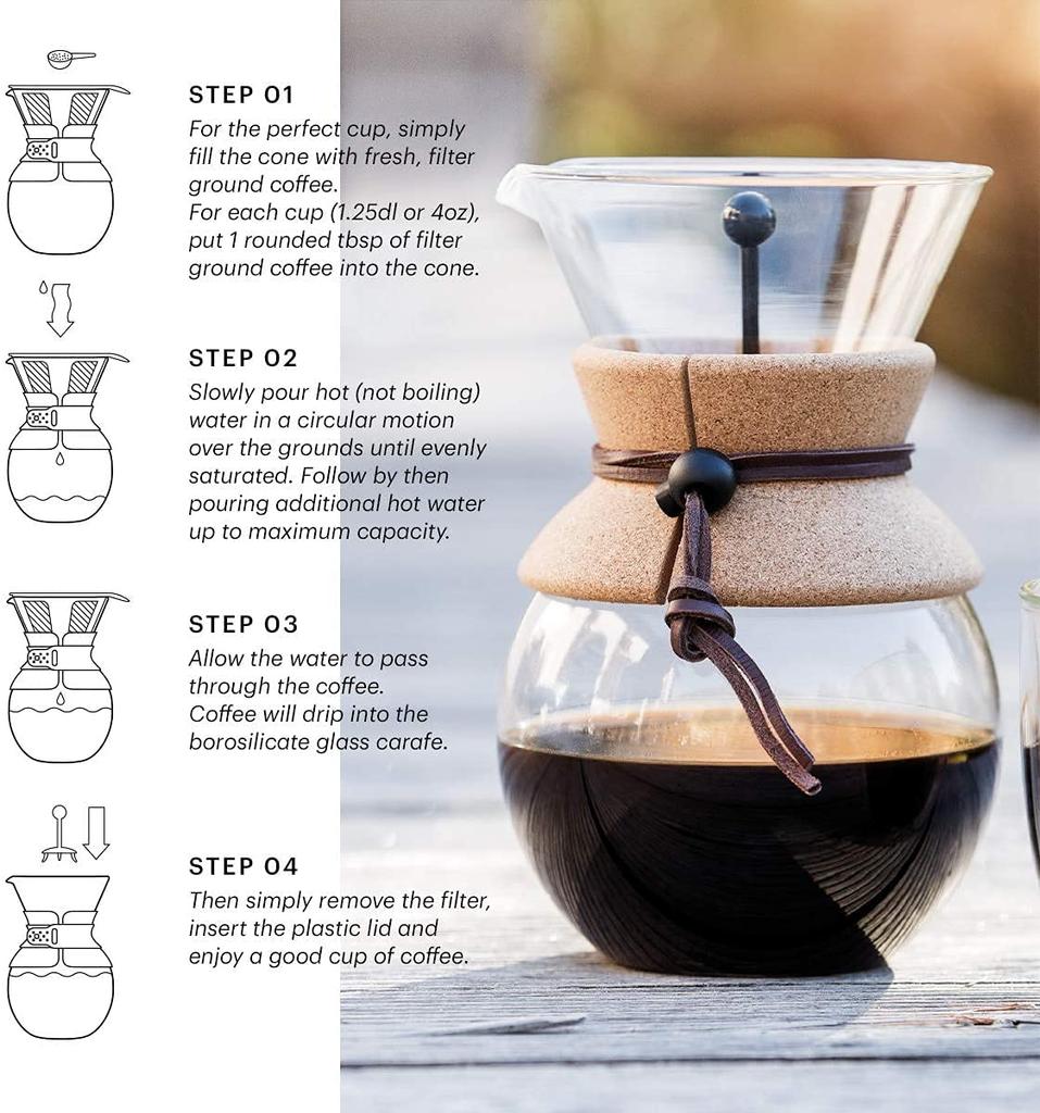 BODUM POUR OVER Drip Coffee Maker with Stainless Steel Mesh Filter, 500ml, and Cork Cover (Authentic) 11592-109