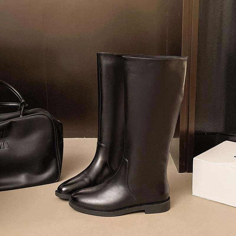 Cotton knight boots women's basic low-heeled boots autumn and winter simple versatile knee boots leather high boots