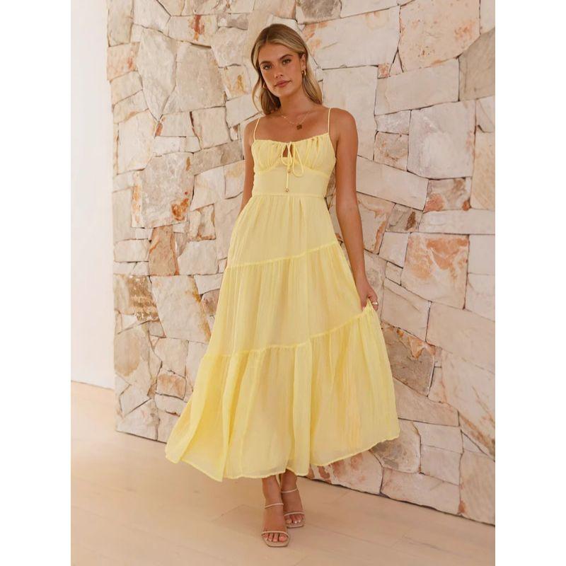 European and American Women clothes New 2025 Sleeve Patchwork Sling Long Backless Lace-up Big Hemline Dress