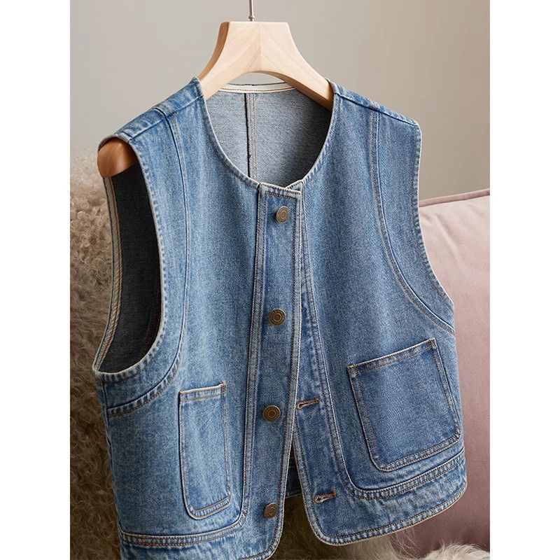 

Весенне-осенняя женская джинсовая жилетка Design Sense Свободная повседневная куртка без рукавов XL джинсовый синий