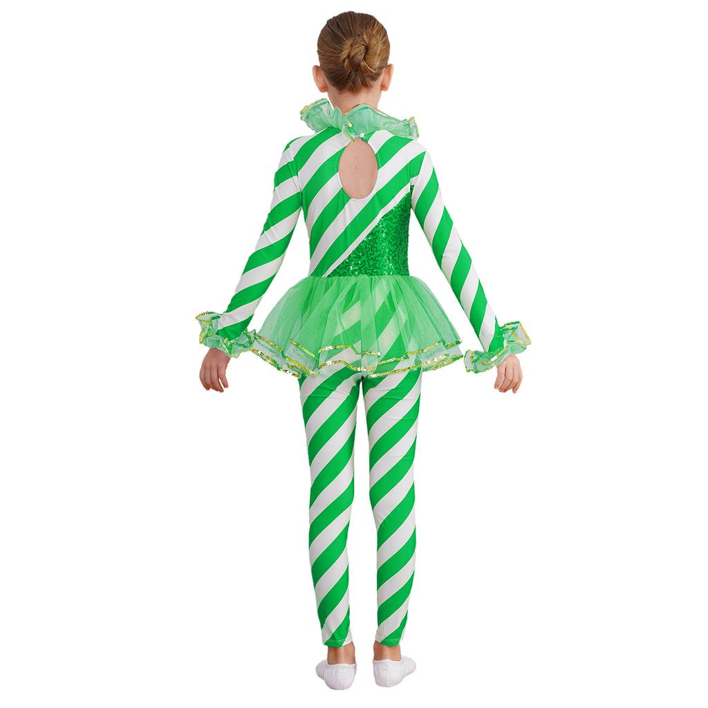 Girls Striped Jumpsuit Round Neck Long Sleeve Sequin Dance Leotard Christmas Party Wear