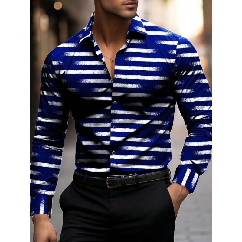 Holiday Men's Long-Sleeve Shirt with Irregular Geometric Stripe Print, Button-Down Opener, Party Wear, Casual Wear