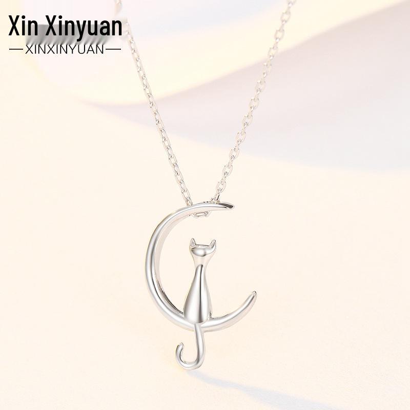 S925 Sterling Silver Cat On Moon Necklace - Cute Korean Style Clavicle Chain for Women