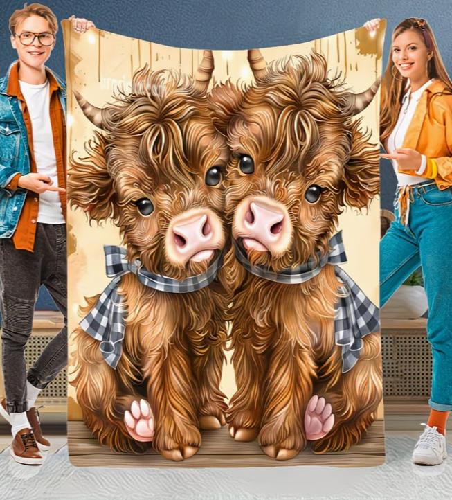 Highland Cow with Purple Bow Blanket- Lightweight Flannel Throw for Sofa, Outdoor, Camping, Livingroom, Office, Chair, and Bed