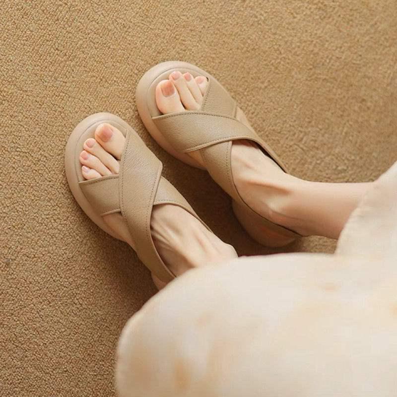 2025 Damen Sommer Französische Weiches Leder Peeptoe Sandalen mit Überkreuzriemchen und Dicken Sohlen