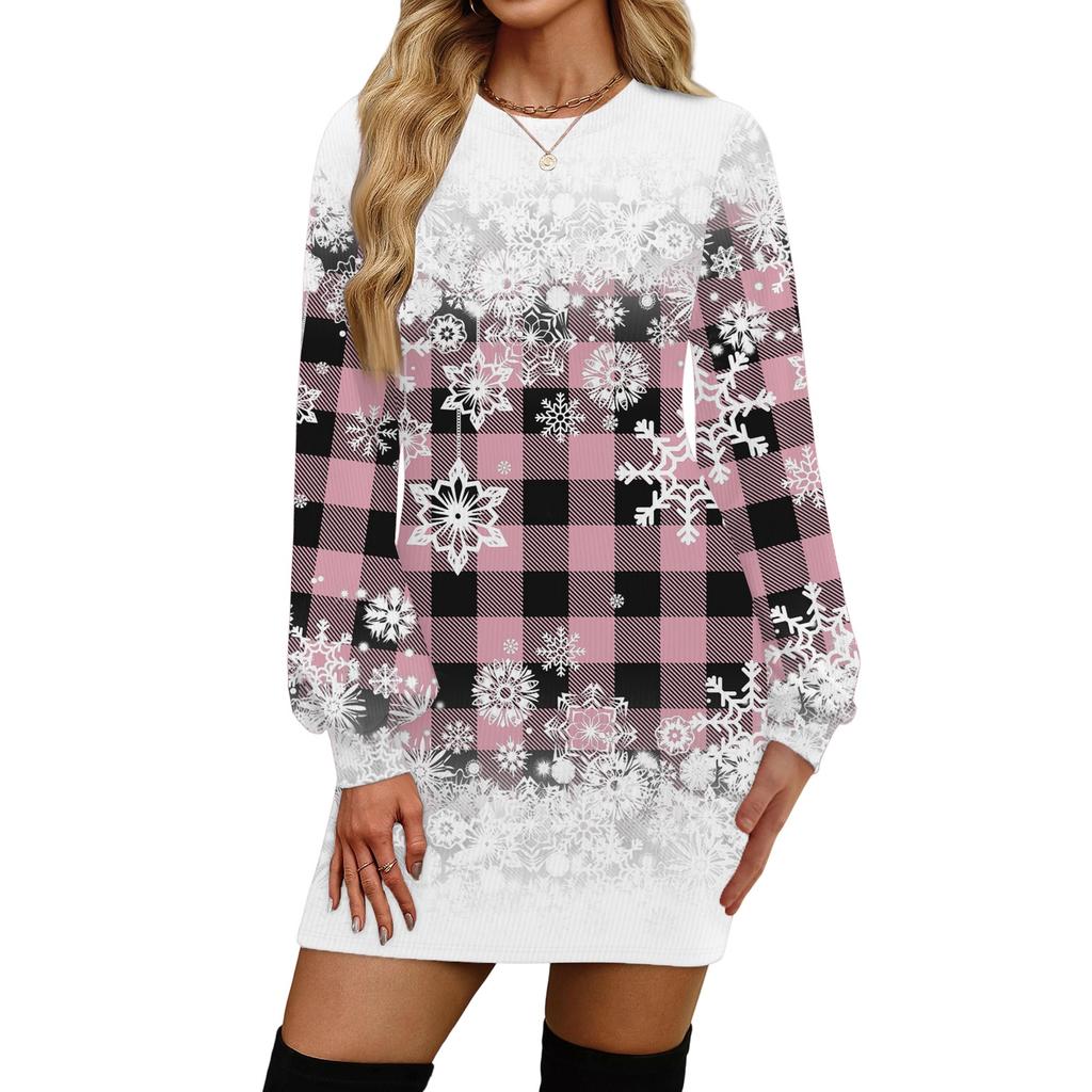 Rochie casual de modă pentru femei, cu imprimeu de Crăciun, cu gât rotund și mâneci lungi