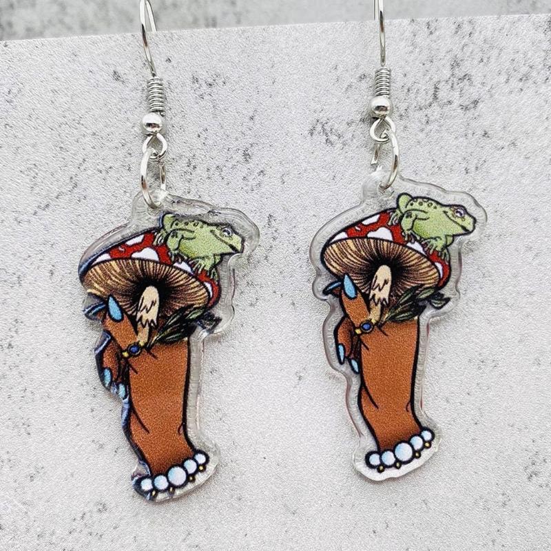 Cute Mushroom Frog Earrings Drop Earrings Acrylic Cartoon Balloon Print Dangle Earrings Ear Dangles Ear Pendant for Girl