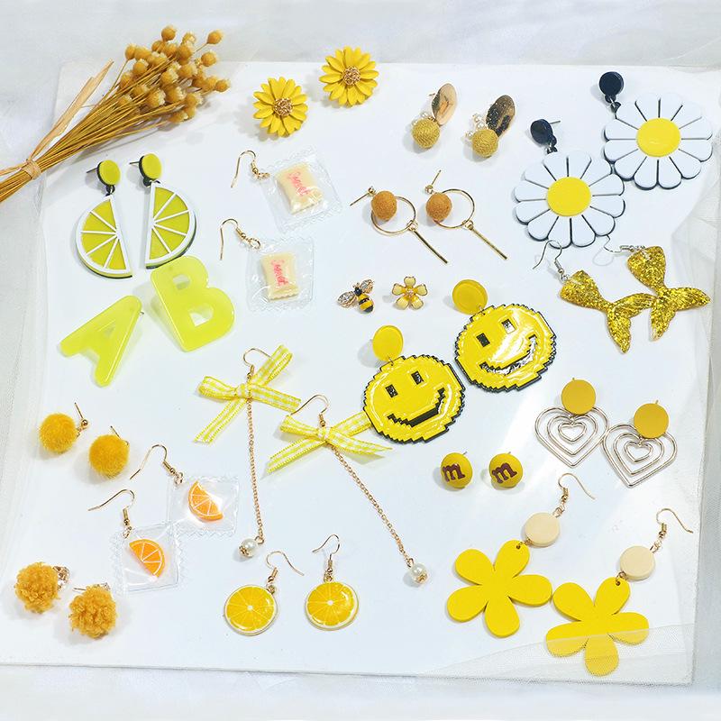 Yellow Collection: Trendy Korean-Style Bright Yellow Pompon Fabric Stud Earrings - Energetic, Fashionable, and Versatile Long Earrings