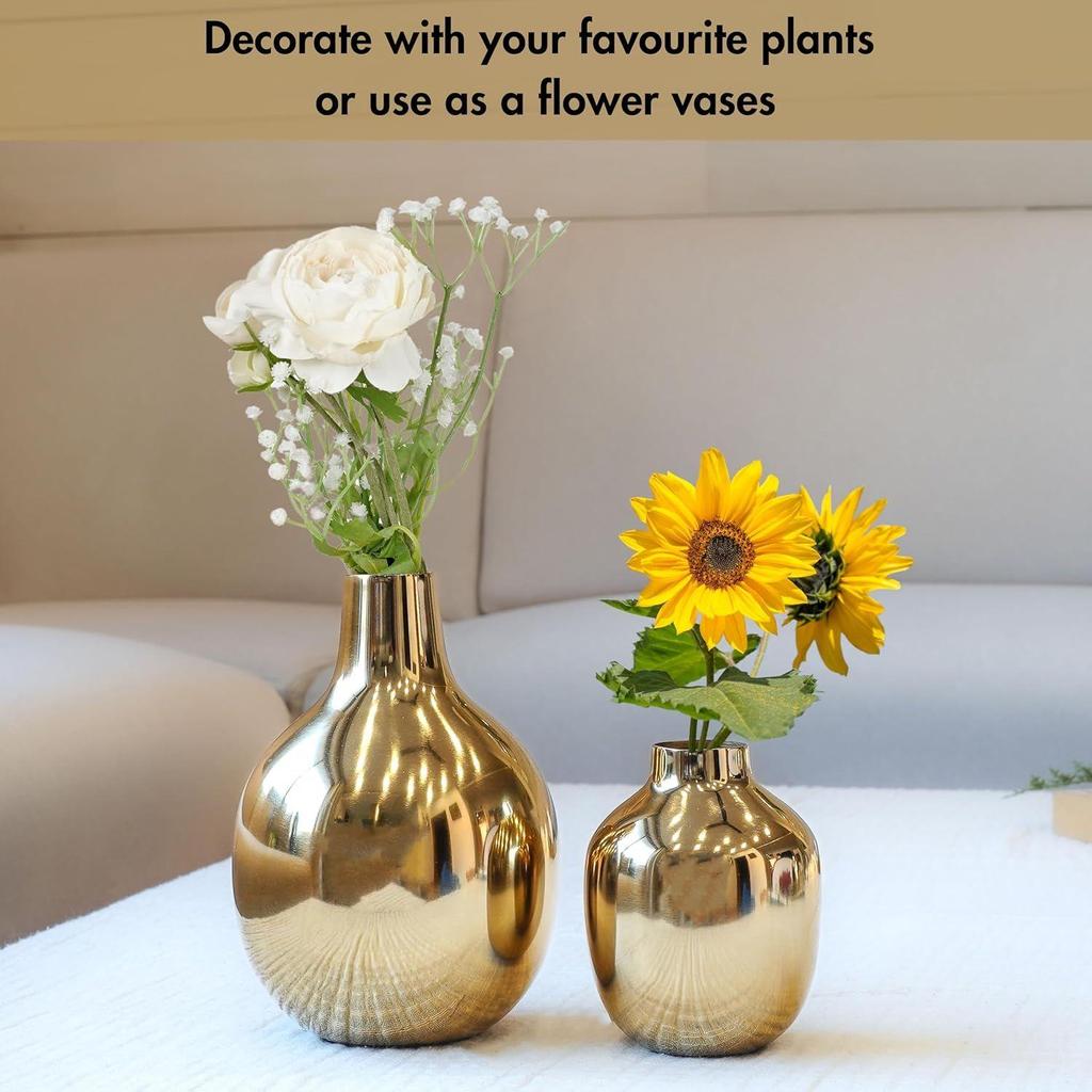 Glossy Golden Metal Flower Vase for Home Decor| Decoration Item for Living Room Office| Table Decorative Flower Pot for Gifting