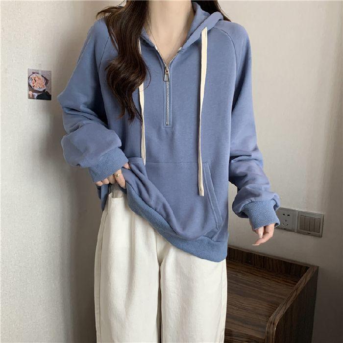 2025 Fall/Winter Women's Korean-Style Loose Half-Zip Hoodie with Slimming Velvet