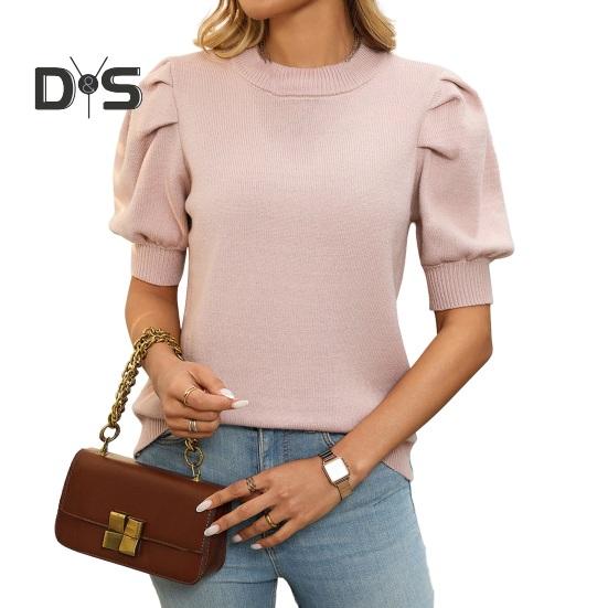 Damen Strickoberteile Rundhalsausschnitt Puff Kurzarm Einfarbig Sommeroberteile Atmungsaktiv Elastisch Freizeit Outdoor T-Shirt