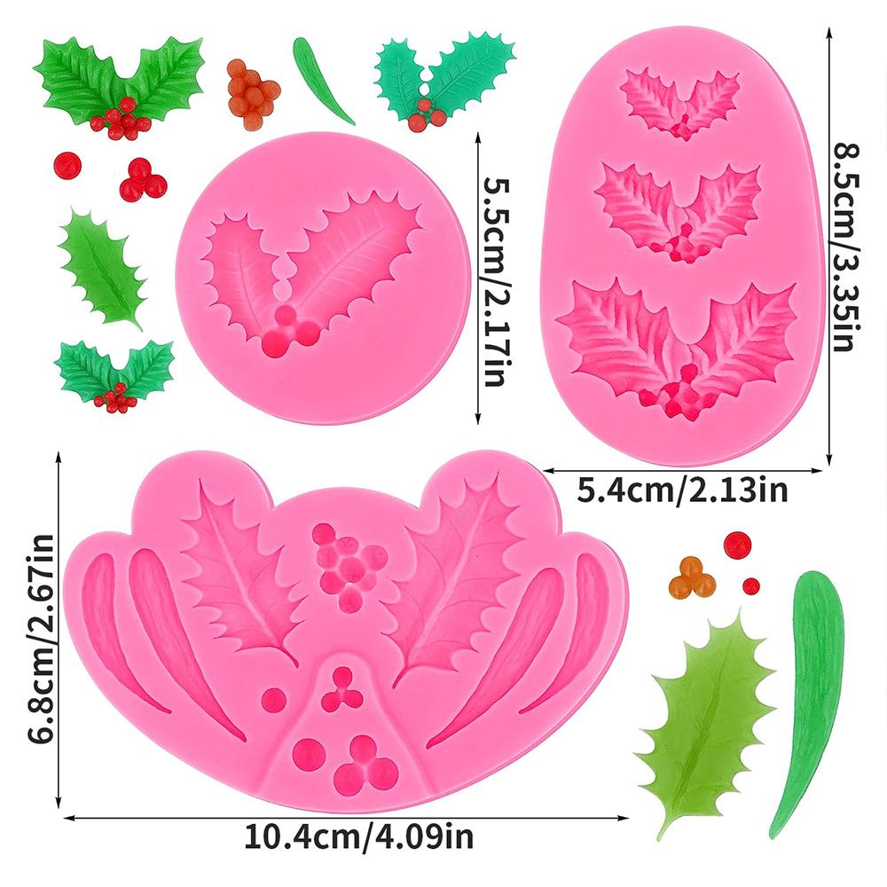 3Pcs Christmas Holly Leaves Silicone Molds Holly Leaf Fondant Chocolate Dessert Cake Decorating Baking DIY Art Crafts Making