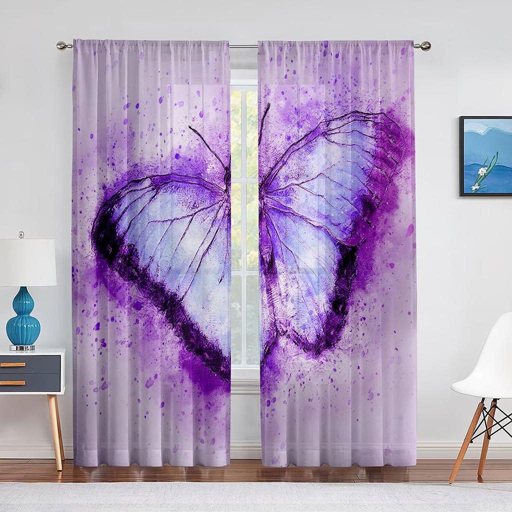 Spring Blue Floral Butterfly Sheer Curtain for Living Room Bedroom Home Kitchen Chiffon Tulle Curtains Window Treatment Decor