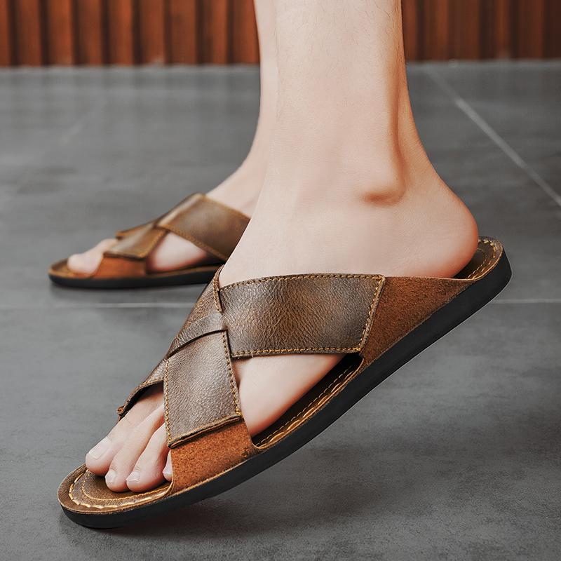 Large Size 48 Split Leather Slippers Men's Sandals Beach Flip Flop Summer Men's Shoes