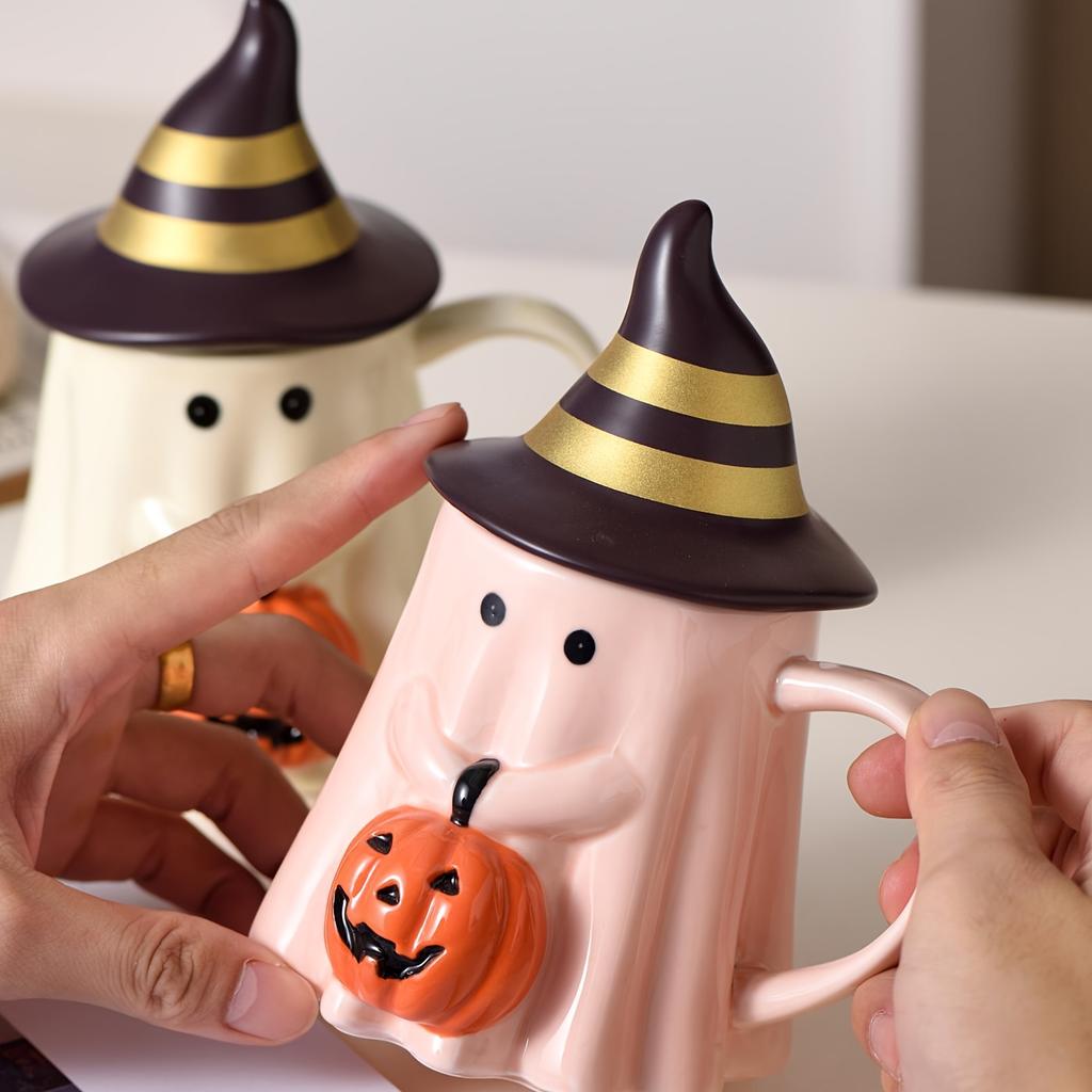 1ks 450ml/15oz Halloweenský keramický hrnek na kávu s 3D roztomilým dýňovým designem, novinkový hrnek s duchem s rozkošným dýňovým obličejem a kloboukem