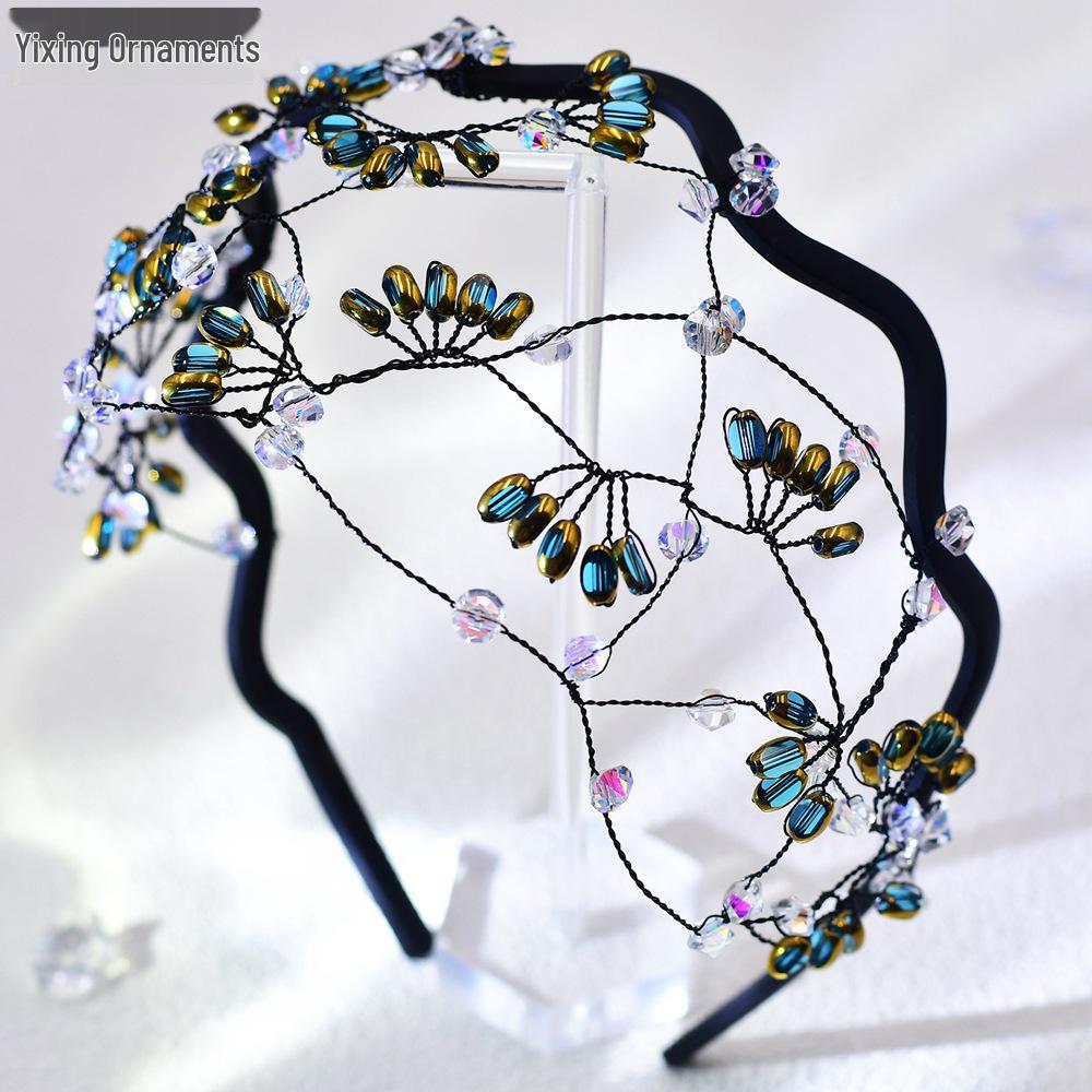 Yixing Crystal Luxury Bridal Headdress with Elegant Hair Net - Festival Accessory A116 синий