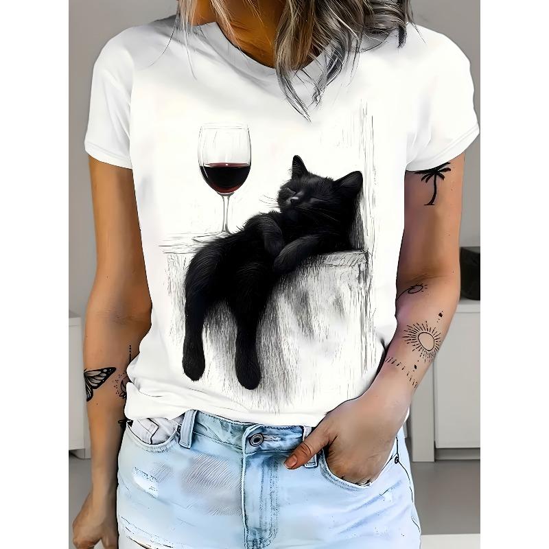 

European Size Sketch Art Cat Wine Red Wine Glass, Artistic Minimalist Daily Commute Women s T-Shirt, Round Neck Short Sleeve Tee 4XL білий