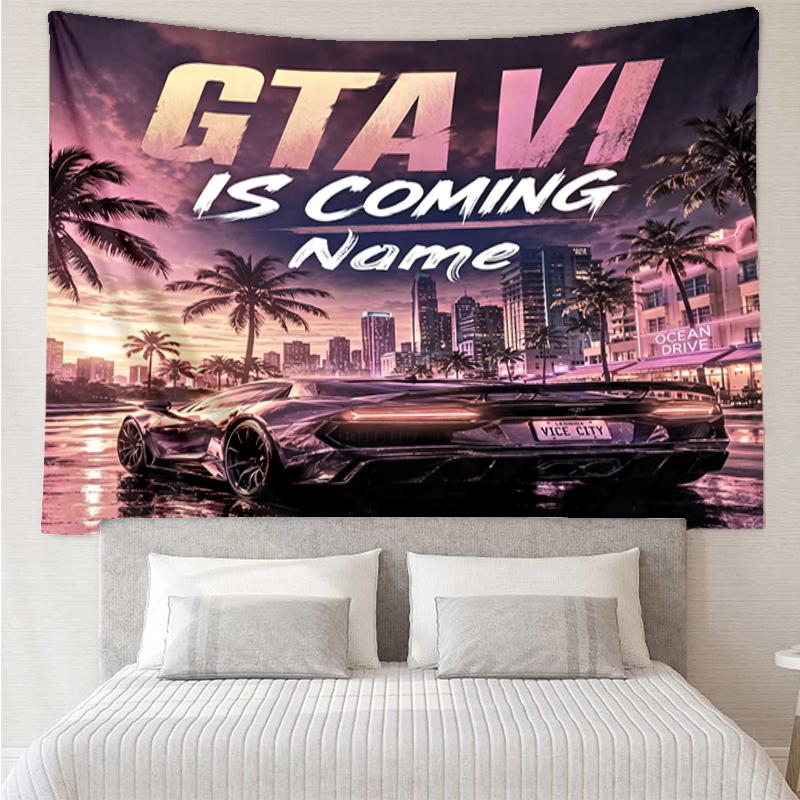 Custom Name GTA 6 Print Tapestry, Backdrop, Easy Setup, Ideal for Bedroom, Office & Living Room, with Aesthetic Wall Hanging Decor.