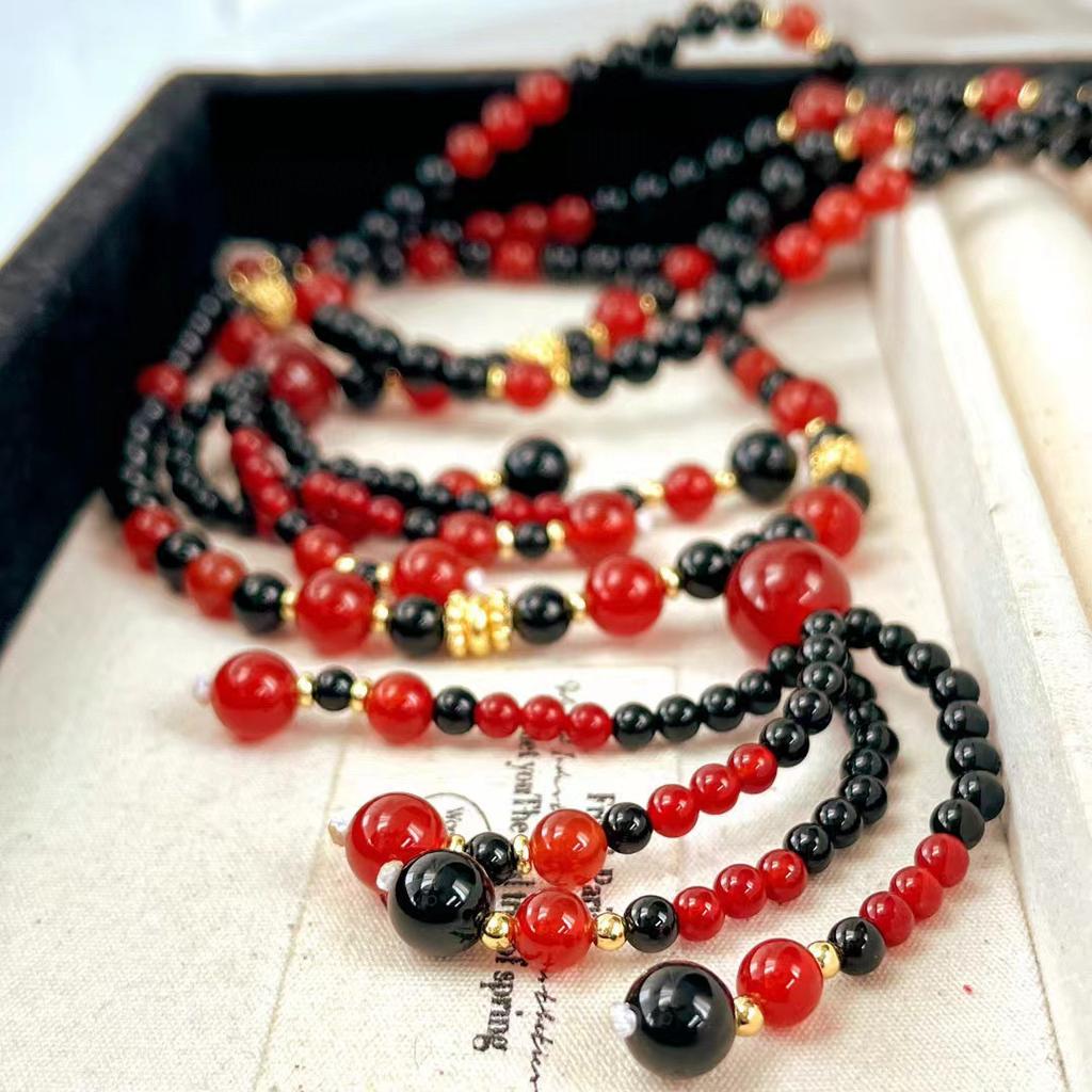 Vintage High Quality Natural Black Agate Chalcedony Contrasting Collarbone Chain Necklace Sweater Chain