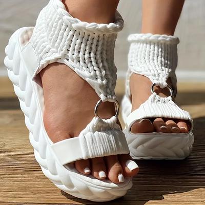Women's Platform Crochet Sandals Stylish Open Toe Slip On Slingback Shoes Casual Outdoor Non Slip Sandals Women