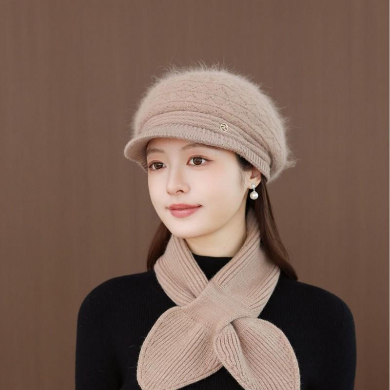 Warm Knit Beanie Hat Women Seniors Rabbit Fur Blend Winter Cap With Adjustable Fit Short Brim