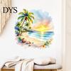 Healing Atmosphere Room Decoration Sunset Palm Tree Seaside Wall Decal, Watercolor Summer Beach Landscape Sticker, Creative Gift for Home Lovers