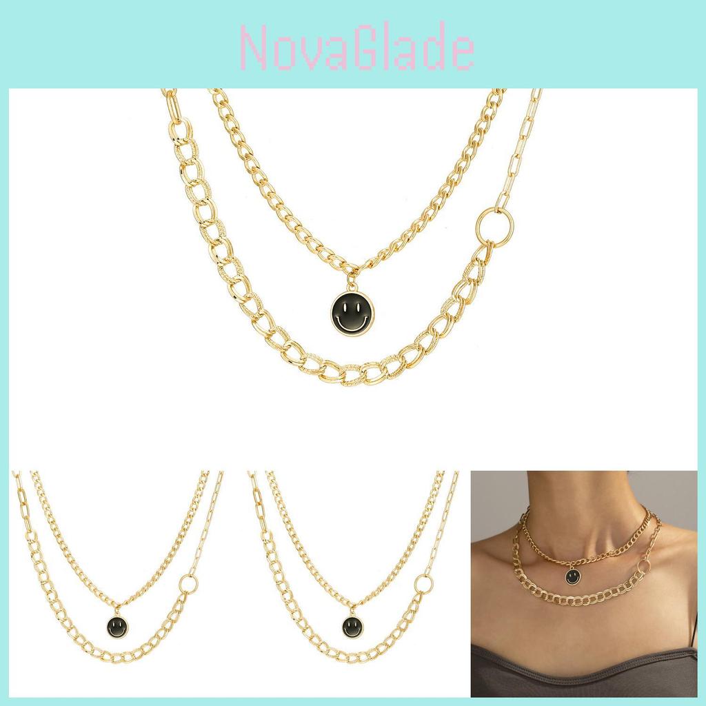 Elegant Black Alloy Geometric Layered Necklace With Rhinestone Accents For Women