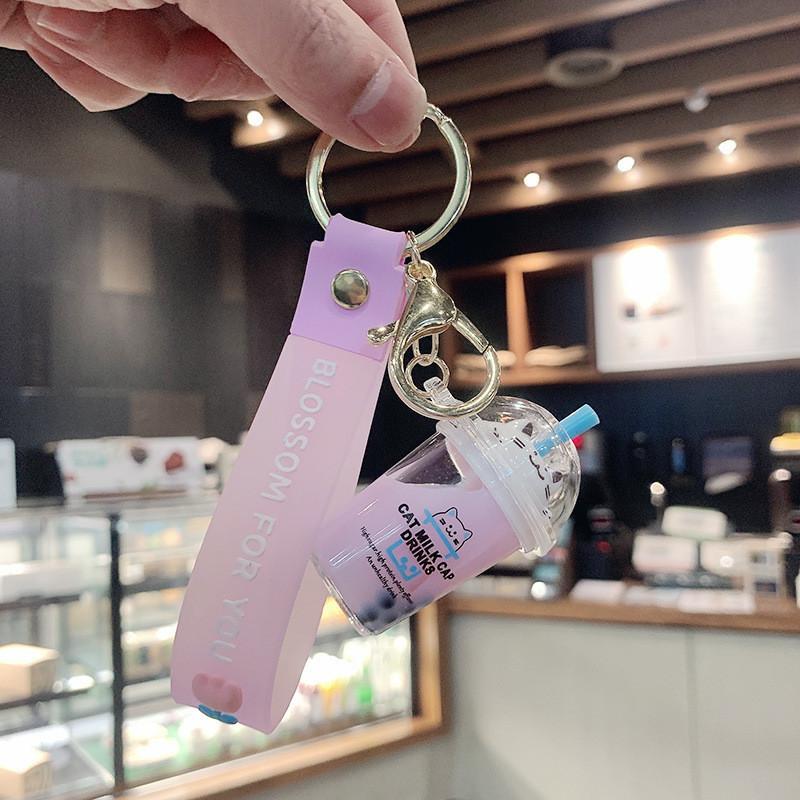 Cat Cute Cartoon Milk Tea Cup Keychain Acrylic Liquid Oil Keyring Lovely Pendant